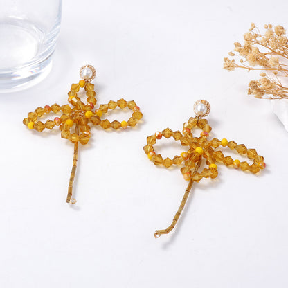 Exaggerated Atmosphere Yellow Crystal Flower Braided Butterfly Earrings – Fresh and Stylish Bohemian-Inspired Jewelry for Women