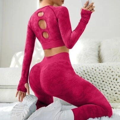 Seamless Hollow Back Yoga Outfit Set High Waisted Seamless Leggings Long Sleeve Sports Top for Comfort and Flexibility