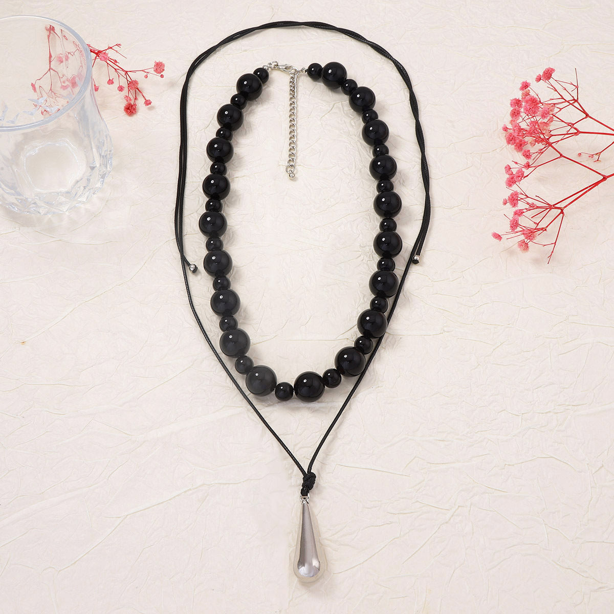 Trendy Geometric Beaded Layered Leather Necklace with CCB Water Drop Pendant - Stylish Casual Jewelry for Women