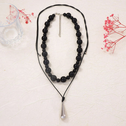Trendy Geometric Beaded Layered Leather Necklace with CCB Water Drop Pendant - Stylish Casual Jewelry for Women