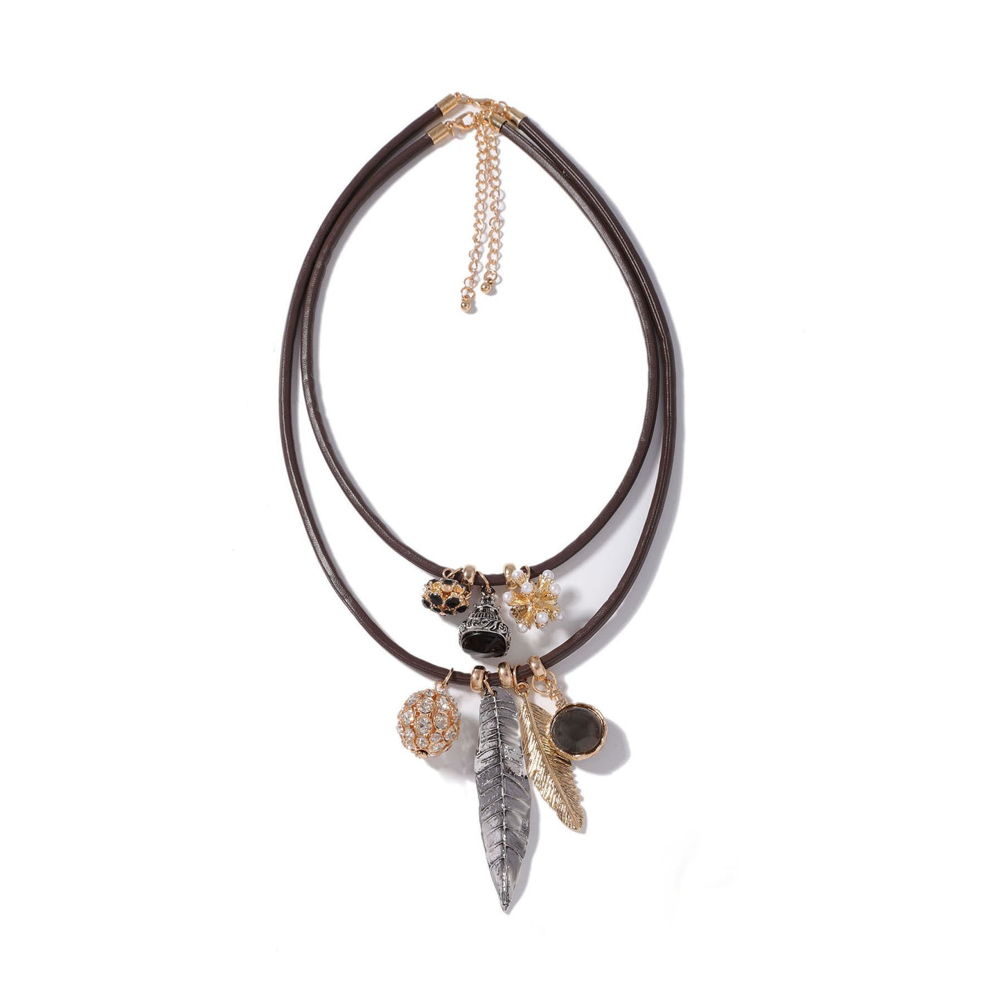 Chic Layered Double-Stranded Alloy Geometric Leaf Pendant Leather Necklace – Vintage Inspired for Fall and Winter Fashion