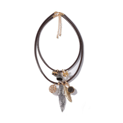 Chic Layered Double-Stranded Alloy Geometric Leaf Pendant Leather Necklace – Vintage Inspired for Fall and Winter Fashion
