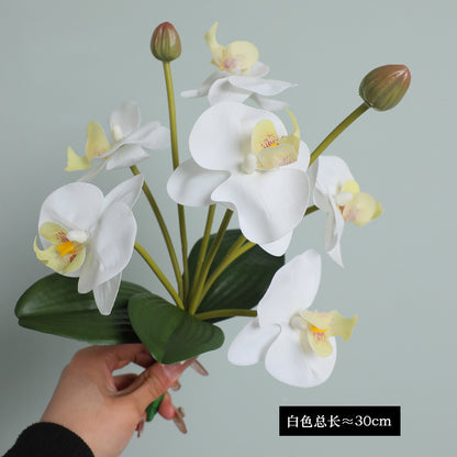 Elegant 8-Head Artificial Orchid Flower Arrangement with Leaf Stems – Luxurious Home Decor Floral Design for Exquisite Interior Styling