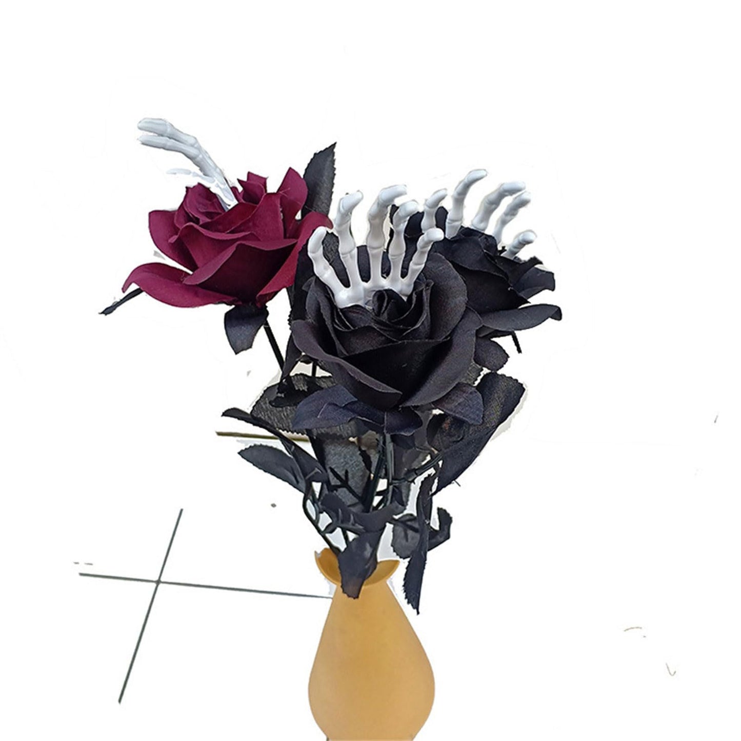 Lifelike Black and Red Rose - Single Halloween Skeleton Hand Fake Flower Party Decoration and Photography Prop