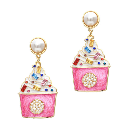 Trendy Ice Cream-Inspired Alloy Earrings with Sparkling Rhinestones and Elegant Pearls - Unique Personalized Design for a Chic Look