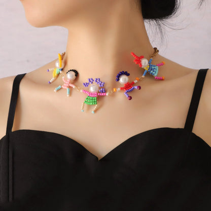 Charming Japanese-Korean Handmade Cartoon Beaded 3D Miniature Character Lock Chain Necklace – Adorable Casual Style for Everyday Wear