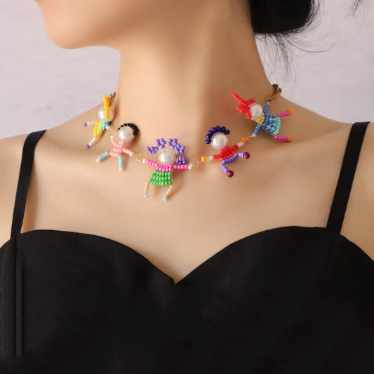 Charming Japanese-Korean Handmade Cartoon Beaded 3D Miniature Character Lock Chain Necklace – Adorable Casual Style for Everyday Wear