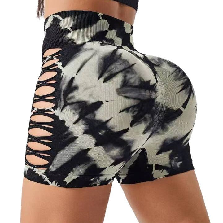 High Waisted Seamless Butt Lifting Tie Dye Yoga Shorts with Side Cutouts for Running Gym Workouts and Athleisure