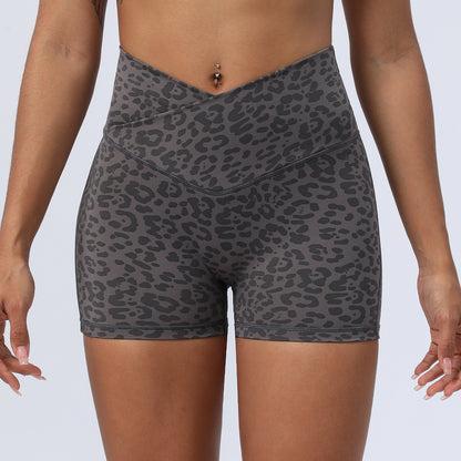 High Waisted Leopard Print Yoga Shorts with Crossed Waist Design for Peach Lifting Stretchy Comfortable 3 Inch Running Fitness Shorts