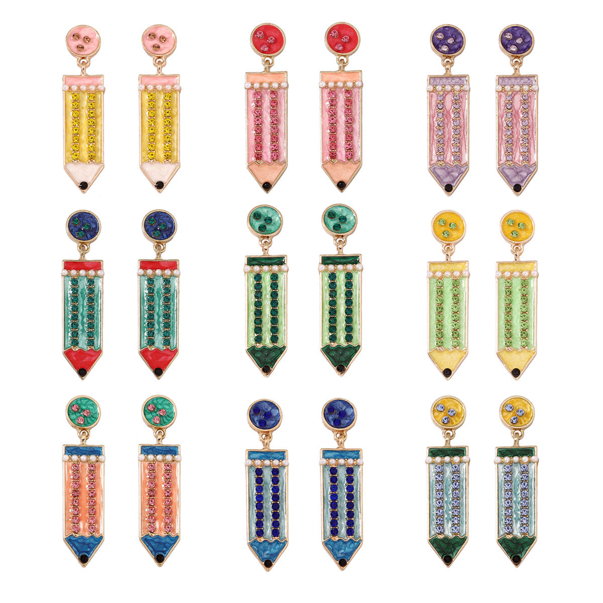 Cute Back-to-School Enamel Pencil Earrings with Rhinestones - Trendy Jewelry for Girls and Women - Perfect Accessory for School Spirit and Fashion