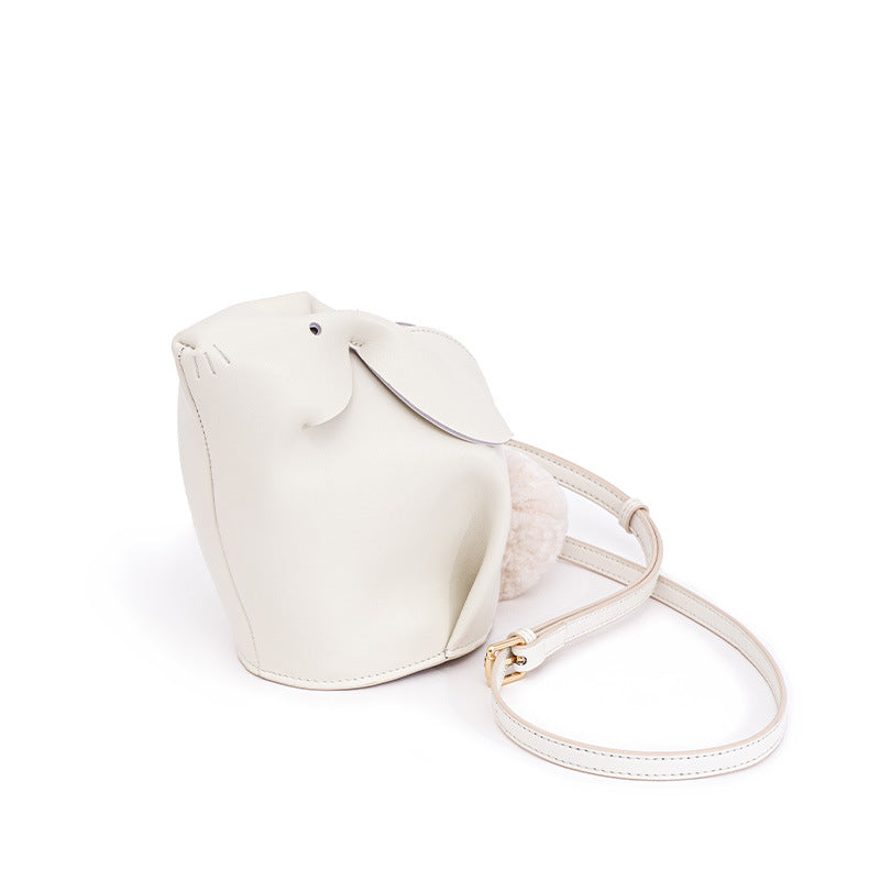 Charming Genuine Leather Rabbit Crossbody Bag for Women Cute Soft Sheepskin with Furry PomPom for Style