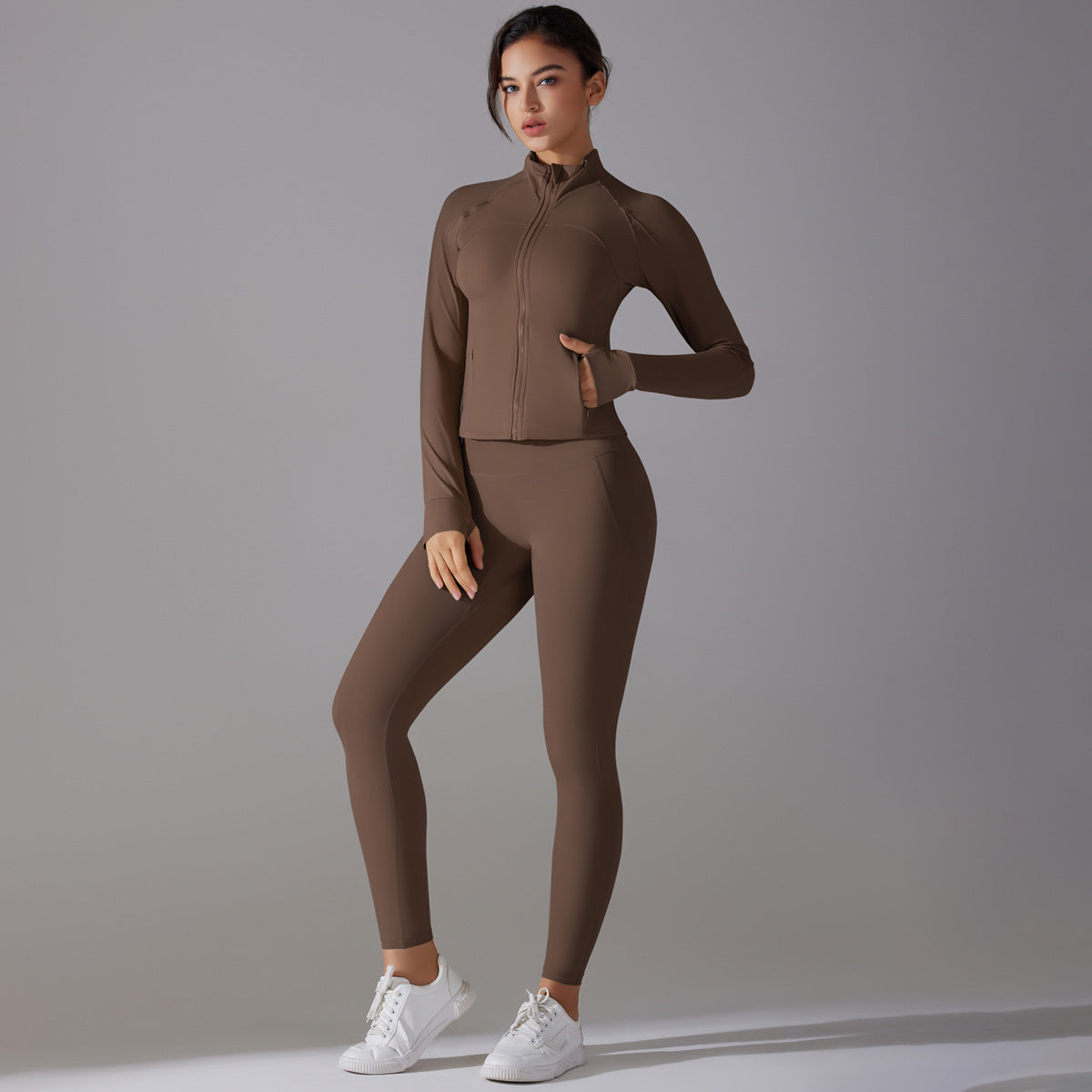 Solid Color Antibacterial Zipper Jacket and Yoga Pants Set for Comfort in Running and Fitness Two Piece Athletic Wear