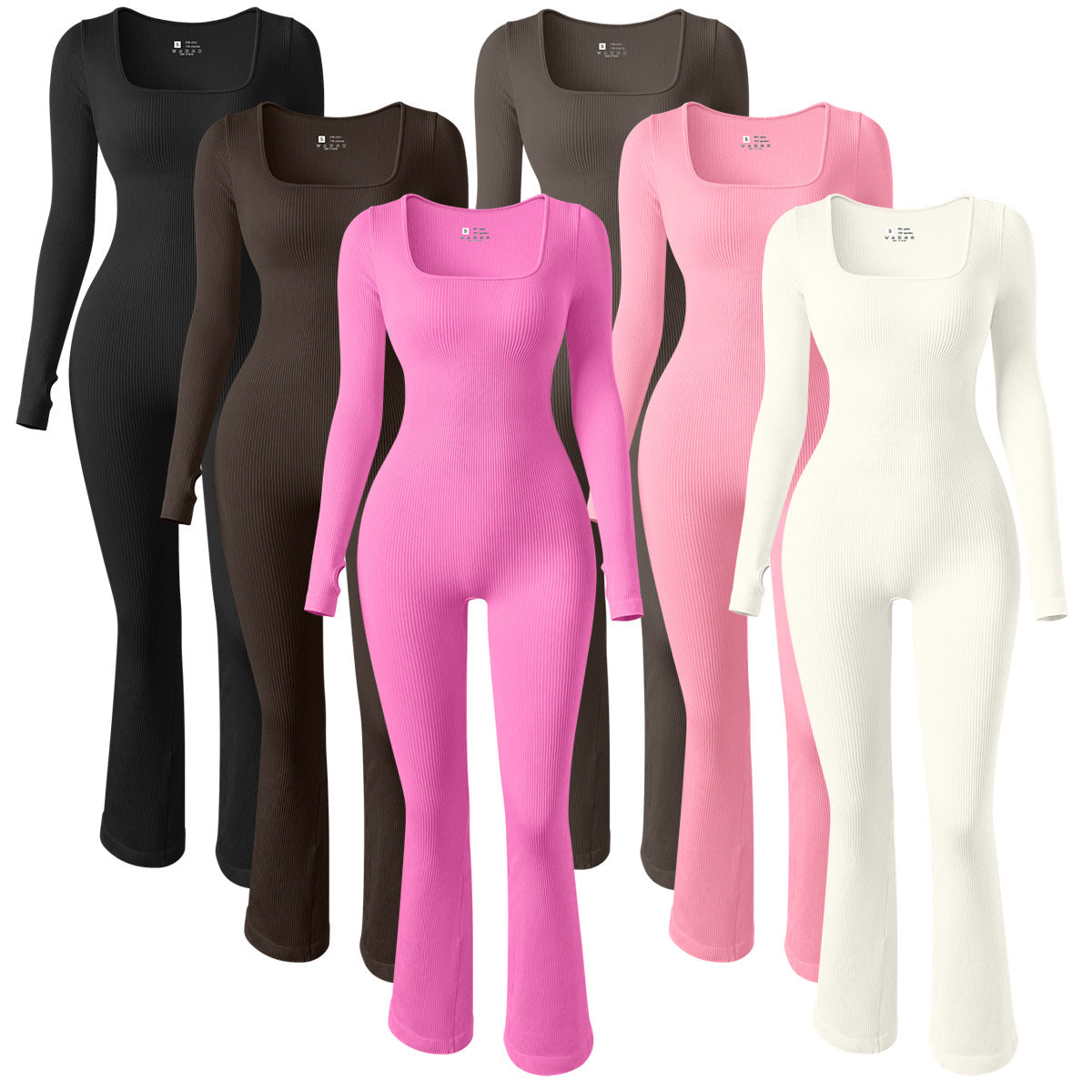 Autumn Six Color Bell Bottom Jumpsuits for Women Sports Square Neck Long Sleeve Yoga Bodysuit for Fitness Enthusiasts