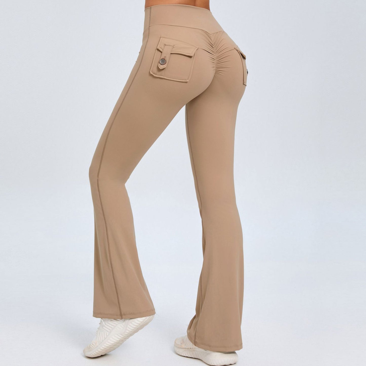 High Waisted Button Detailed Peach Yoga Flare Pants for Women Comfortable Quick Dry Leggings Ideal for Fitness and Workouts