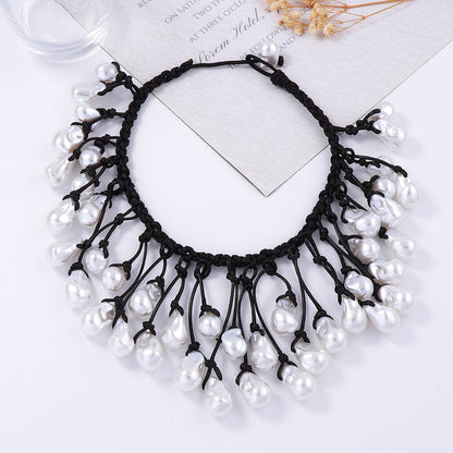 Handcrafted Baroque Style Knotted Necklace with Irregular Faux Pearl Pendant - Unique Statement Piece for Elegant Necklines