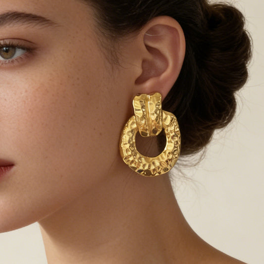 Chic Minimalist Vintage-Inspired Alloy Hammered Textured Geometric Cut-Out Oversized Earrings for Women – Perfect for Casual Everyday Wear and Commute