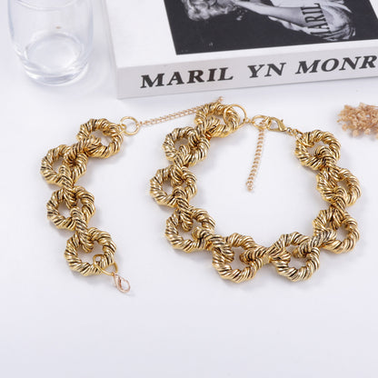 Unique Vintage-Inspired Jewelry Set: Chunky Textured Metal Twisted Geometric Statement Necklace and Bracelet for Bold Fashion Lovers