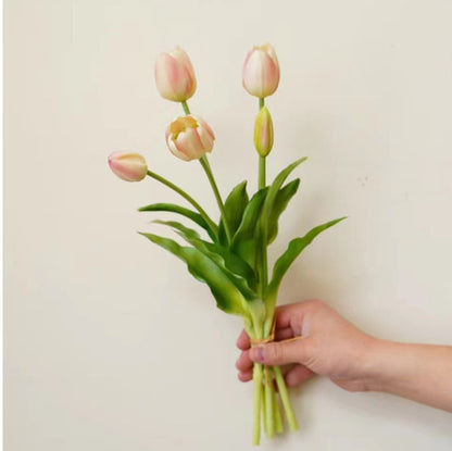 Soft Touch Artificial Tulip Flowers - 5 Stem PU Silk Bouquet for Stylish Home Decor and Tabletop Accent