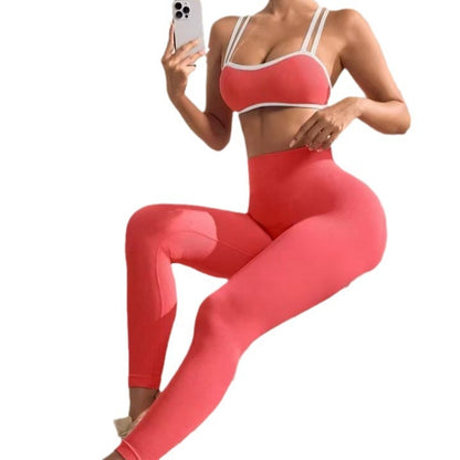 Two Piece Women's Yoga Set for Outdoor Fitness High Waisted Leggings and Supportive Sports Bra for Peach