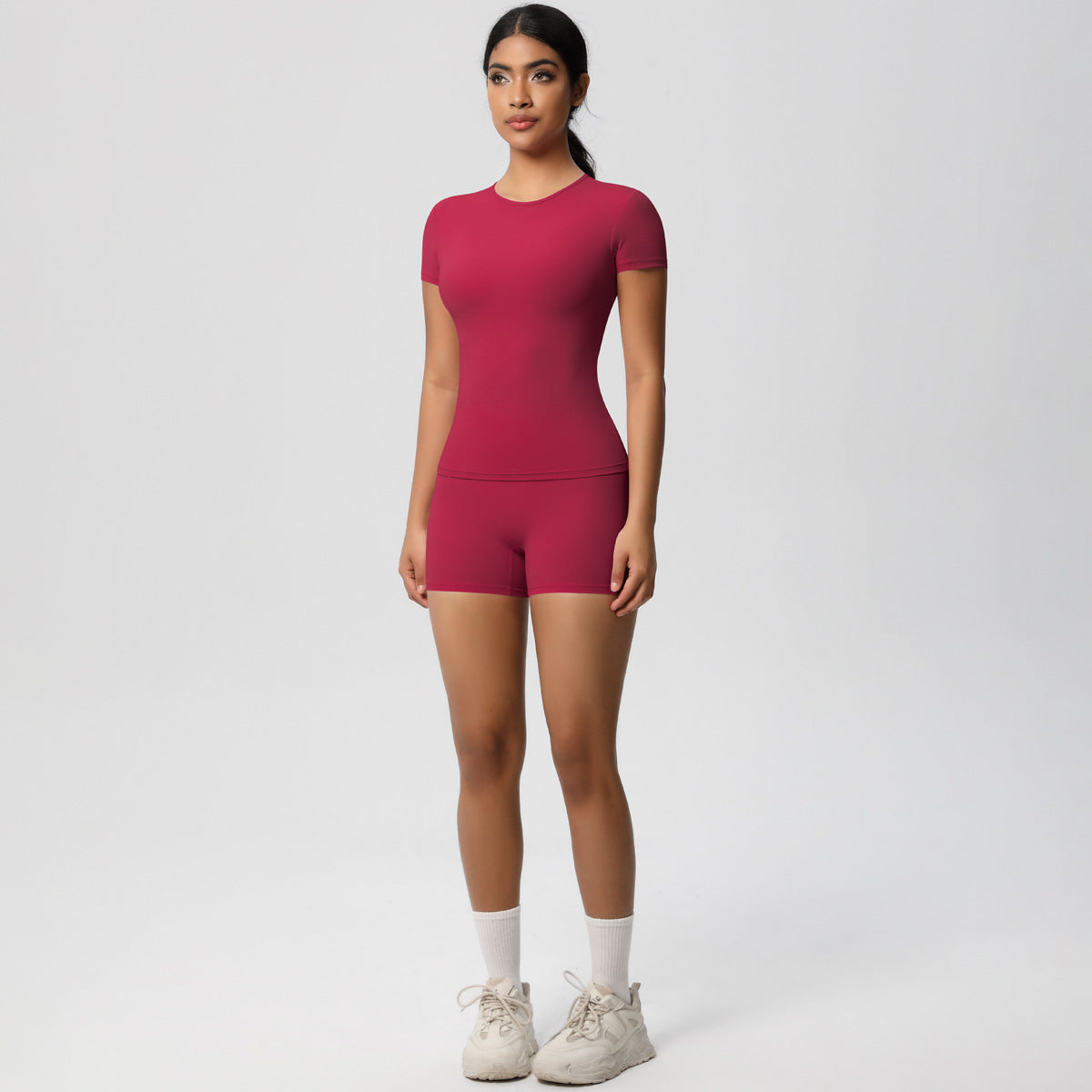 Ultra Soft Peach Butt Enhancing High Waisted Yoga Set Short Sleeve Top and Flattering Short Shorts for Comfort and Style