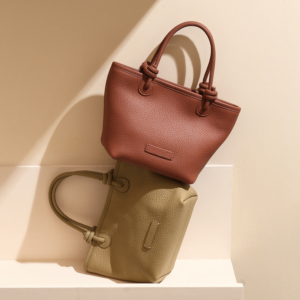 First Layer Leather Vegetable Basket Design Chic Unique Knotted Handle Tote Bag with Simple Elegance Versatile Crossbody and Handheld Options