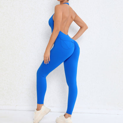 Backless Peach Butt Pocket Yoga Jumpsuit Fitness Sportswear with Beautiful Back Design for Unmatched Comfort and Performance