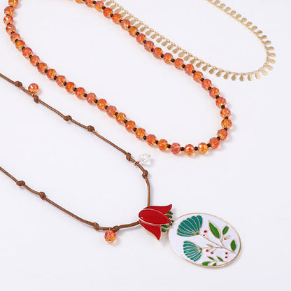 Elegant High-End Creative Design Beaded Braided Alloy Floral Oil-Drop Pendant Multi-Layer Necklace for Women - Perfect for Special Occasions and Everyday Style