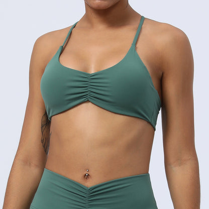 Y Back Sports Bra with Delicate Straps and Ruching for Indoor Training Yoga and Fitness Workouts