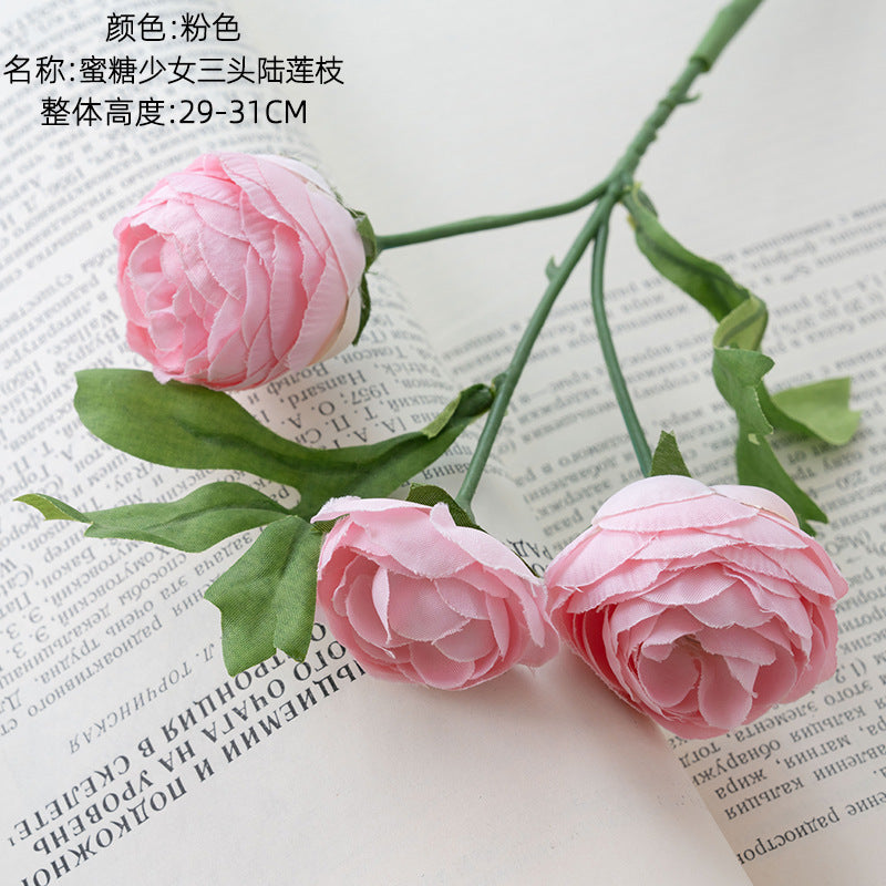 Charming Honey Sweet Girl Triple Lotus Branch - INS-Style Realistic Artificial Flowers for Home Decor and Wedding Decorations - PJ1017