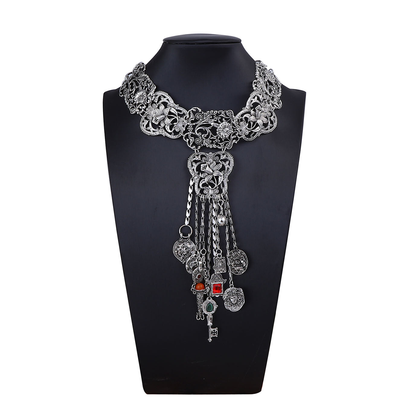 Bohemian Vintage-Inspired Antique Silver Alloy Statement Necklace with Geometric Tassels - Unique Tribal Design for Women
