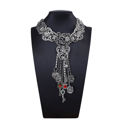 Bohemian Vintage-Inspired Antique Silver Alloy Statement Necklace with Geometric Tassels - Unique Tribal Design for Women