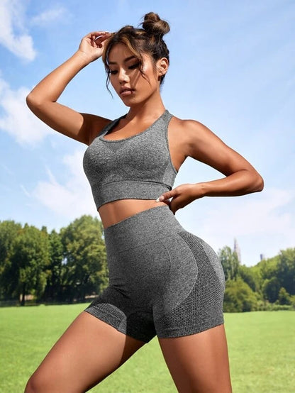 Seamless High Waisted Yoga Outfit for Women Butt Lifting Outdoor Sports Shorts with Supportive Anti Shock Sports Bra and Tank Top