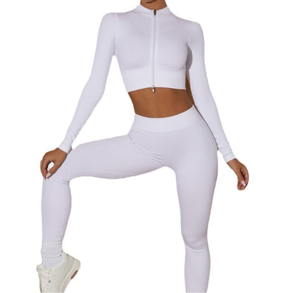 Seamless Zip Up Quick Dry Yoga Outfit Fall Winter Solid Color Long Sleeve Pants Set for Gym Workouts