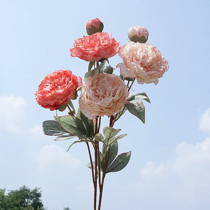 Elegant Single Stem Court-Style 3-Head Peony Faux Flowers with Burnt Edges - Perfect for Weddings, Photographic Studios, Home Decor, and Floral Arrangements