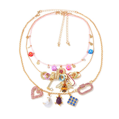 Chic Minimalist Alloy Geometric Heart Animal Pendant Multi-Layer Necklace with Sparkling Zircon Stones - Perfect for Everyday Elegance!