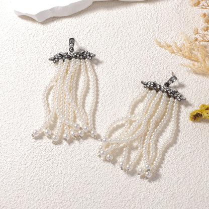 Creative and Exaggerated Geometric Pearl-Style Tassel Earrings for Women - Glamorous Zirconia Accents and Unique Design