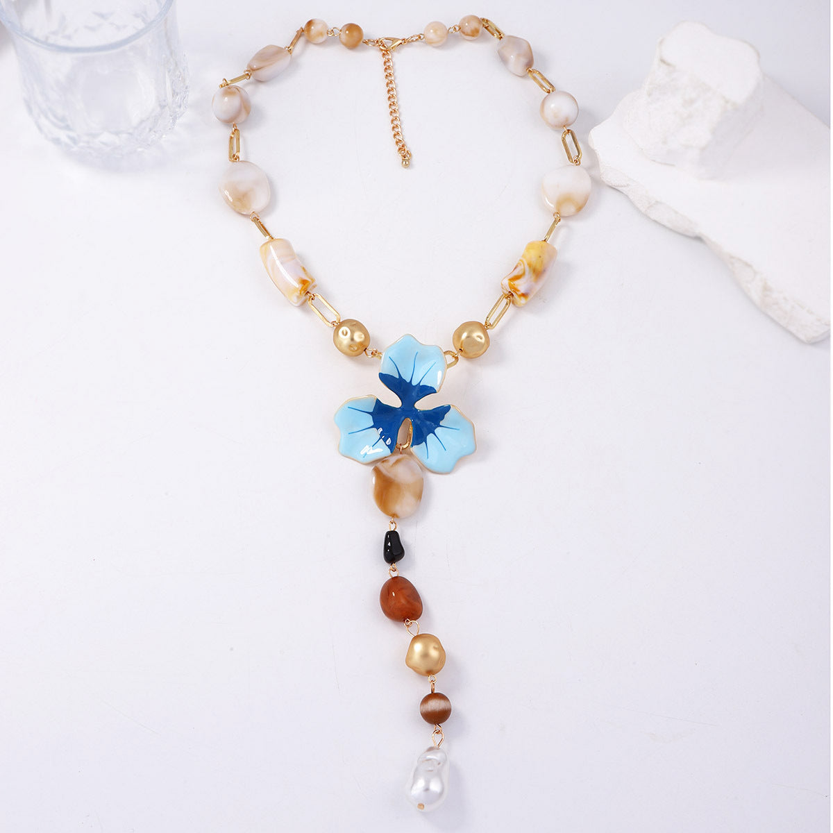 Elegant Luxe Alloy and Resin Y-Shaped Necklace for Women – Stunning Drip Oil Floral Bead Design for a Touch of Sophistication