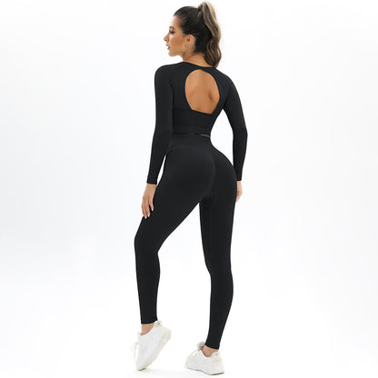 Peach Seamless Knitted Backless High Stretch Long Sleeve Yoga Set Women's 2 Piece Activewear for Running Fitness and Workout Comfort