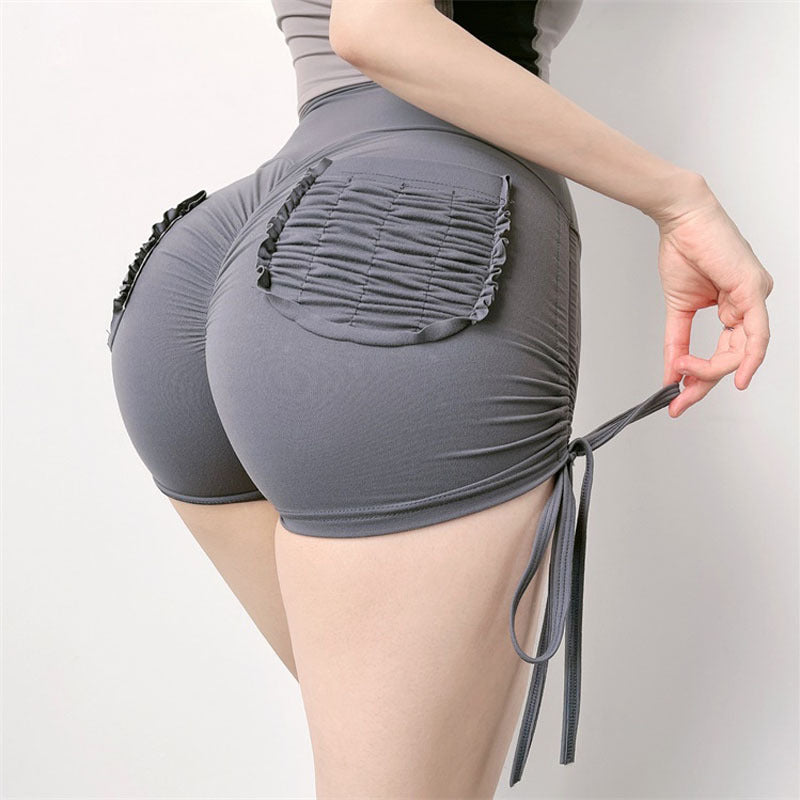 High Waisted Drawstring Women's Summer Workout Shorts Butt Lifting Tight Fitting Stretchy Running Yoga Pants with Pockets for Fitness Enthusiasts