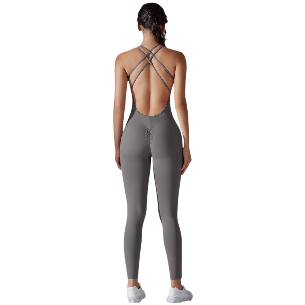 High Waisted Ruched Workout Bodysuit with Cross Back Design Shaping Moisture Wicking Yoga Romper for Running and Fitness