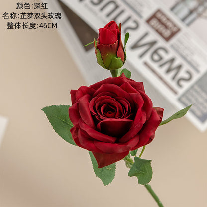 Lifelike Green Single Stem Double-Headed Rose Artificial Flower - Perfect for Wedding Decor and Home Accents (Model INSMW31586)