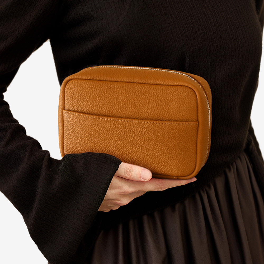 Genuine Leather Women's Makeup Bag Solid Color Minimalist Design High End Quality Spacious Travel Friendly Cosmetic Organizer