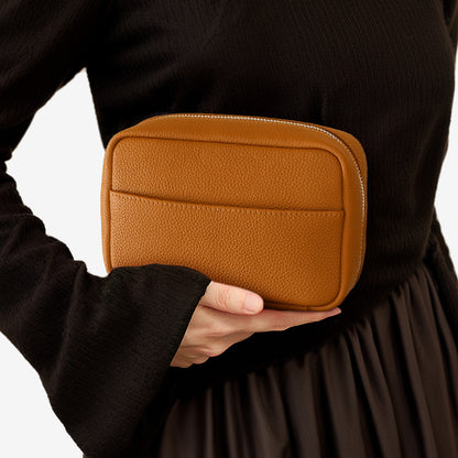 Genuine Leather Women's Makeup Bag Solid Color Minimalist Design High End Quality Spacious Travel Friendly Cosmetic Organizer