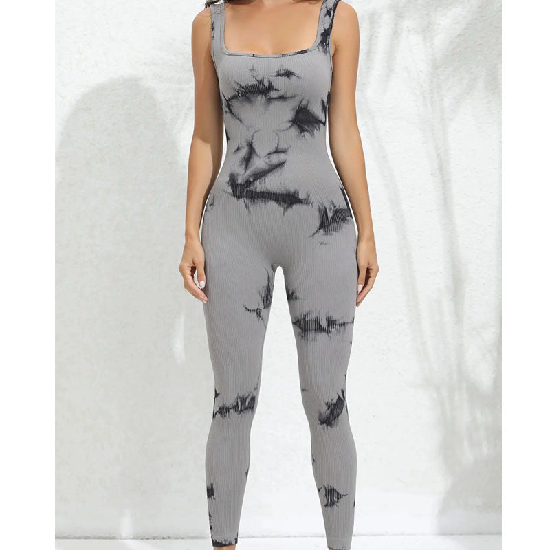 Seamless Tie Dye Yoga Jumpsuit for Women Sleeveless Athletic Bodysuit with Built in Supportive Top for Comfort and Flexibility