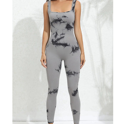 Seamless Tie Dye Yoga Jumpsuit for Women Sleeveless Athletic Bodysuit with Built in Supportive Top for Comfort and Flexibility