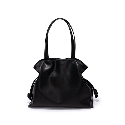 Minimalist Korean Inspired Genuine Leather Women's Bag Unique Wrinkled Design Tote with Drawstring Closure for Everyday Use