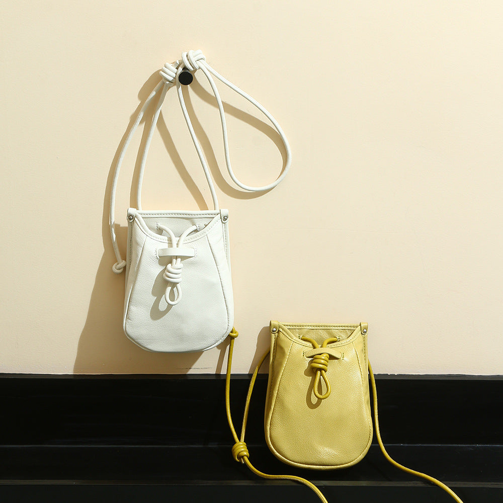 Genuine Leather Shoulder Bag for Women Large Capacity Drawstring Design Crossbody Phone Bag