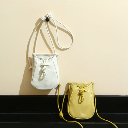 Genuine Leather Shoulder Bag for Women Large Capacity Drawstring Design Crossbody Phone Bag