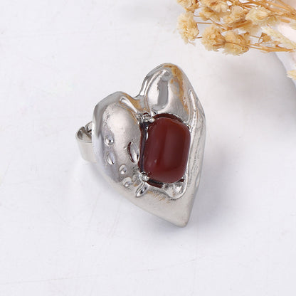 Vintage-Inspired Heart-Shaped Open Design Ring with Genuine Red Ruby Inlay - Timeless Alloy Jewelry for Women