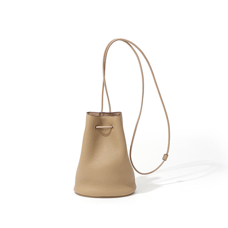 Chic Korean Style Drawstring Bucket Bag Genuine Leather Women's Minimalist Crossbody and Shoulder Bag in Grain Cowhide